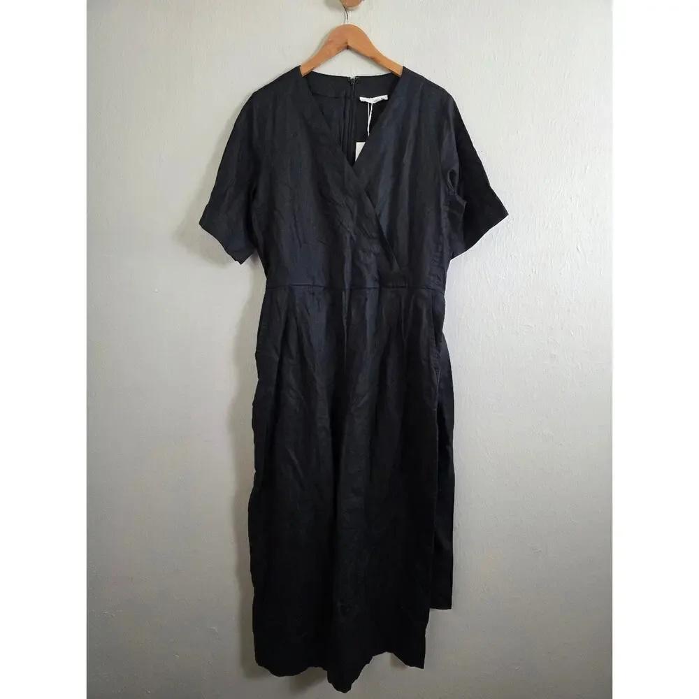 NEW Everlane The Wrap Linen Black Wrap-Front Wide-Leg Short Sleeve Jumpsuit 8